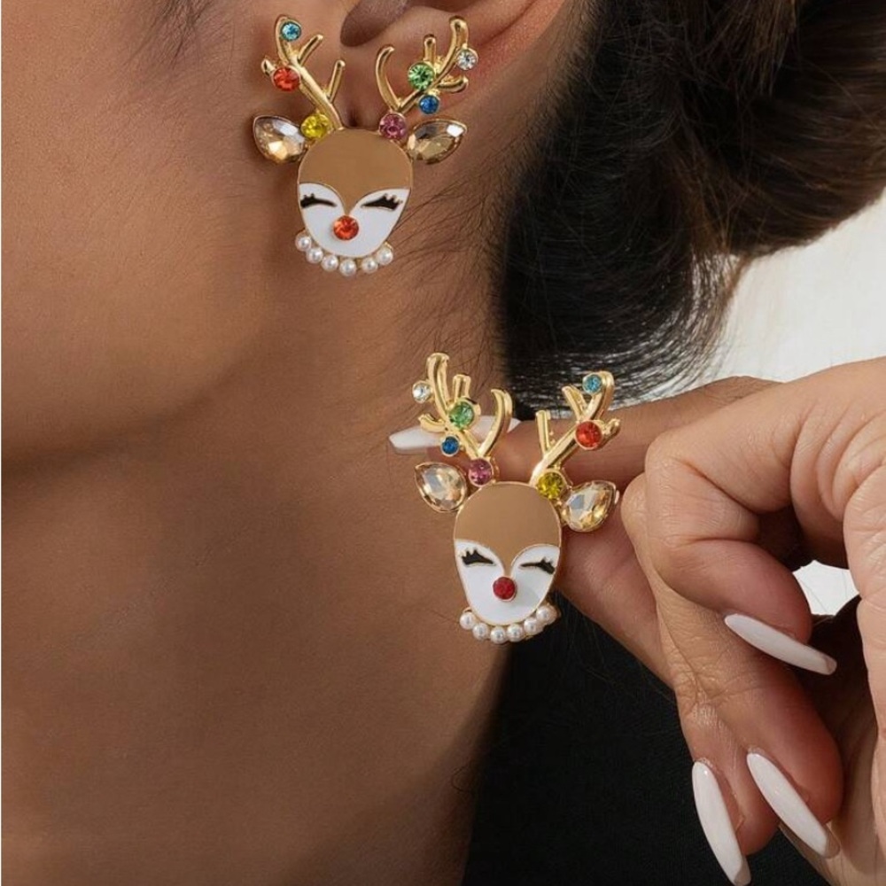 Charming Reindeer Earrings with Gold and Multicolor Gems